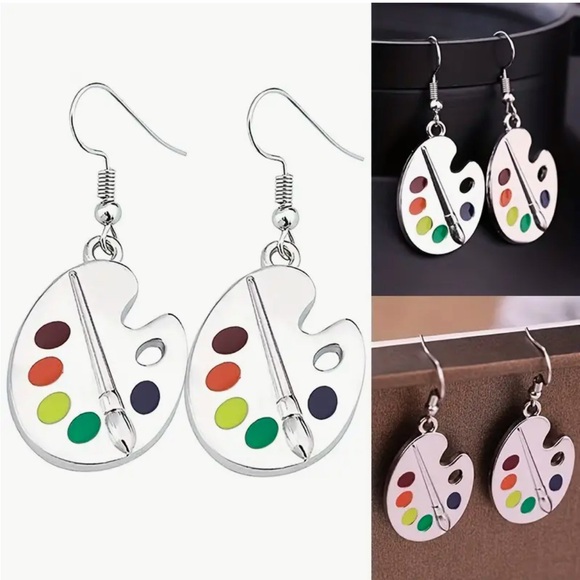 Earrings Vibrant Artist Palette Dangle Pierced Nickel-Free, Lead-Free - Picture 4 of 5